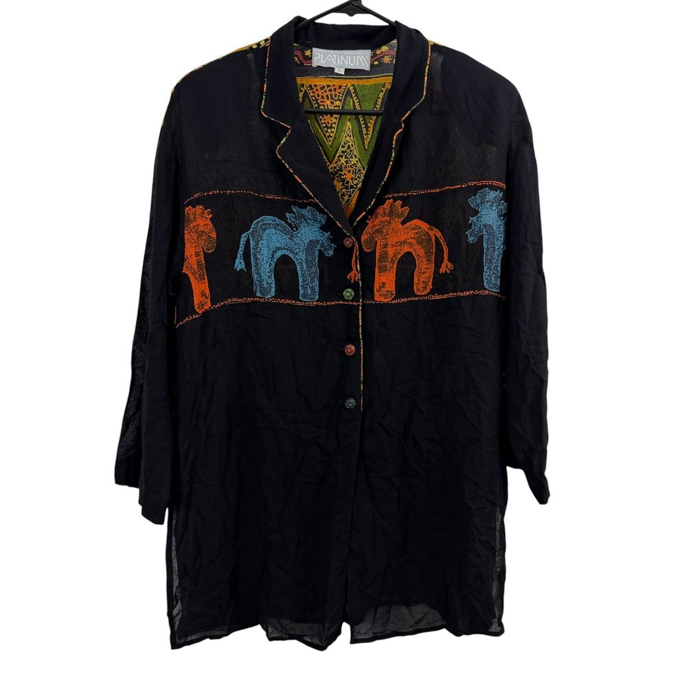 Dorothy Schoelen Platinum Shirt Womens Large Black Mixed Print Rayon Linen 17506